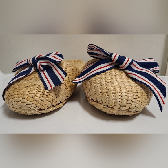 Handmade Natural Rattan Mule Slippers with Red, White & Blue Grosgrain Bow Sz L - Picture 4 of 11
